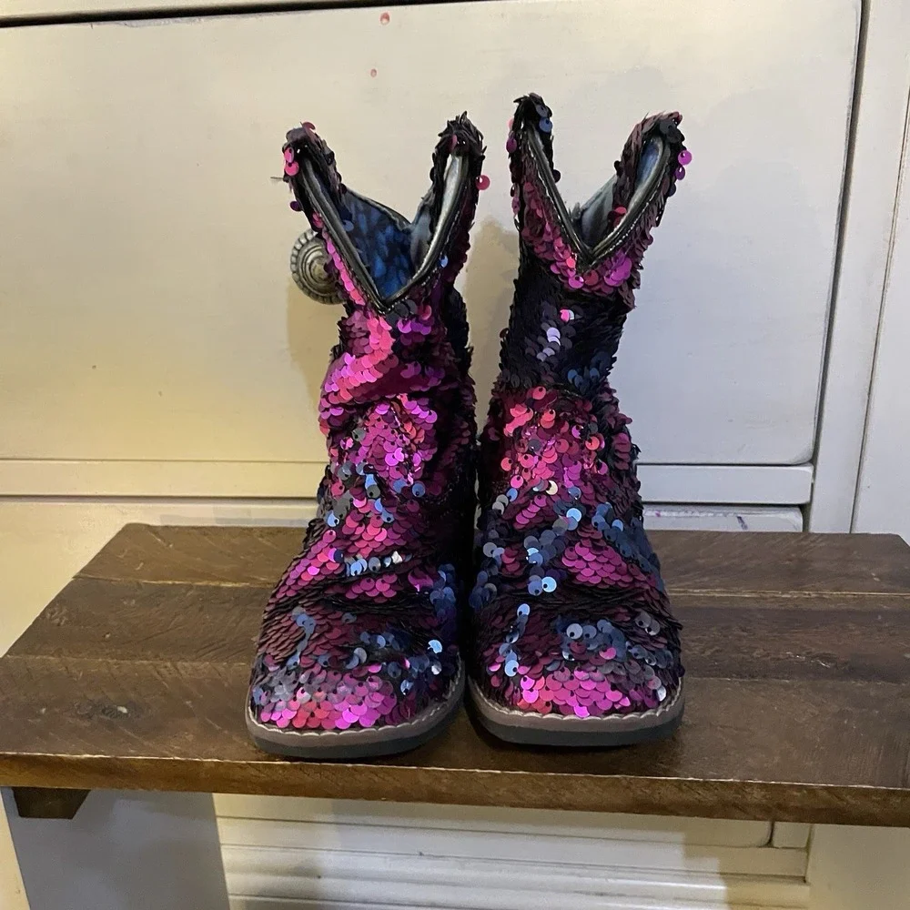 Laredo Girls 10‎ Cowboy Boots Pink Sequins Shiny Cowgirl Glam Princess Dan Post